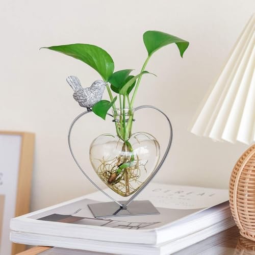 Desktop Glass Vase, Bulb Glass Vases for Holder, Heart Bird Planter Glass Vase