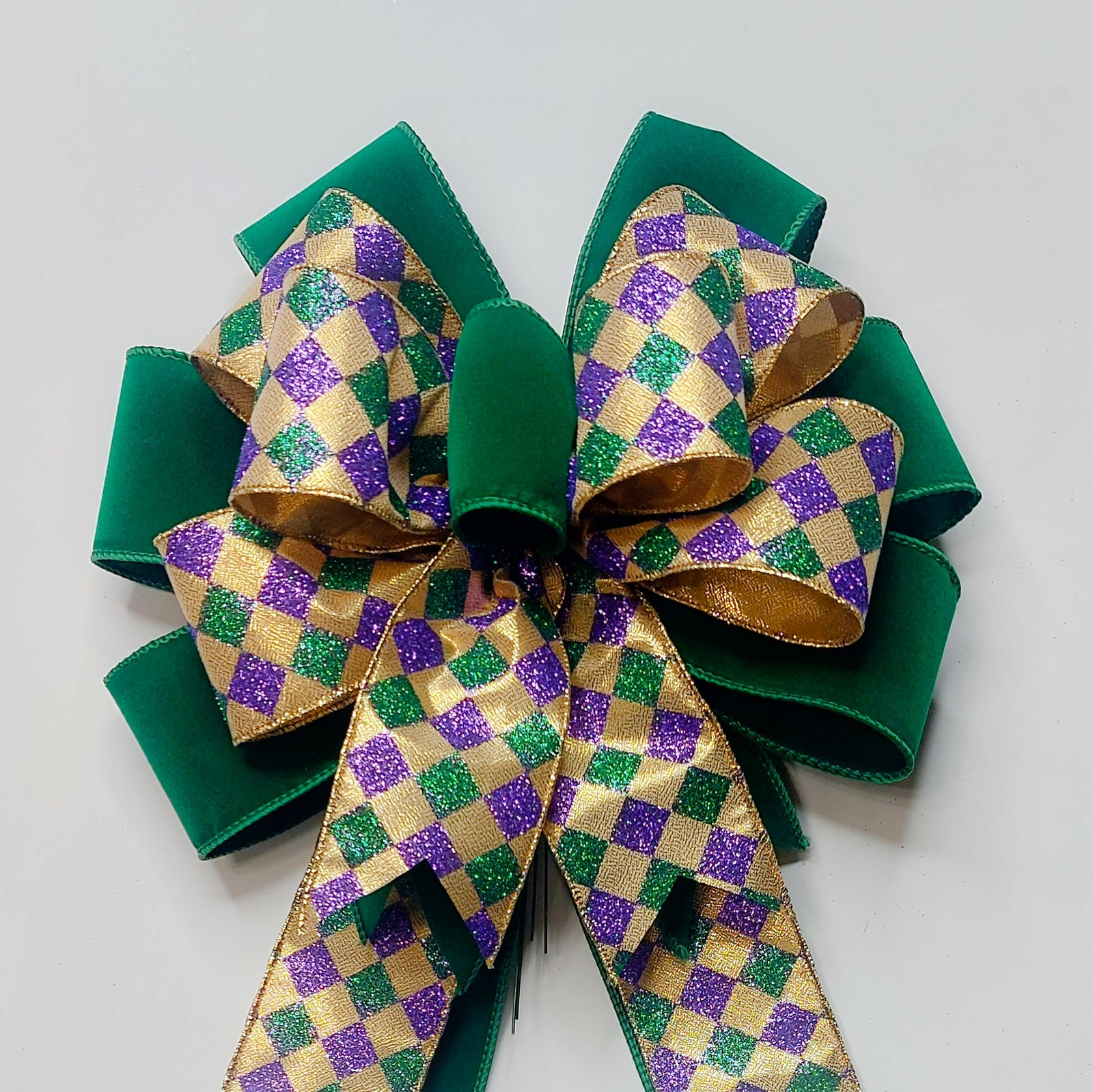 Mardi Gras Bow, Gold, Purple, Green Metallic Harlequin, Emerald Green Velvet