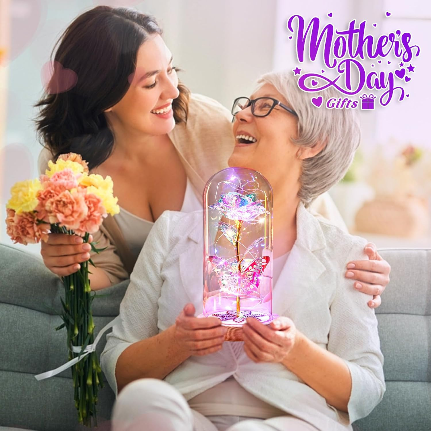 Rosas Artificiales Con Luz LED En Domo De Cristal Regalos Para Cumpleaños Mujer