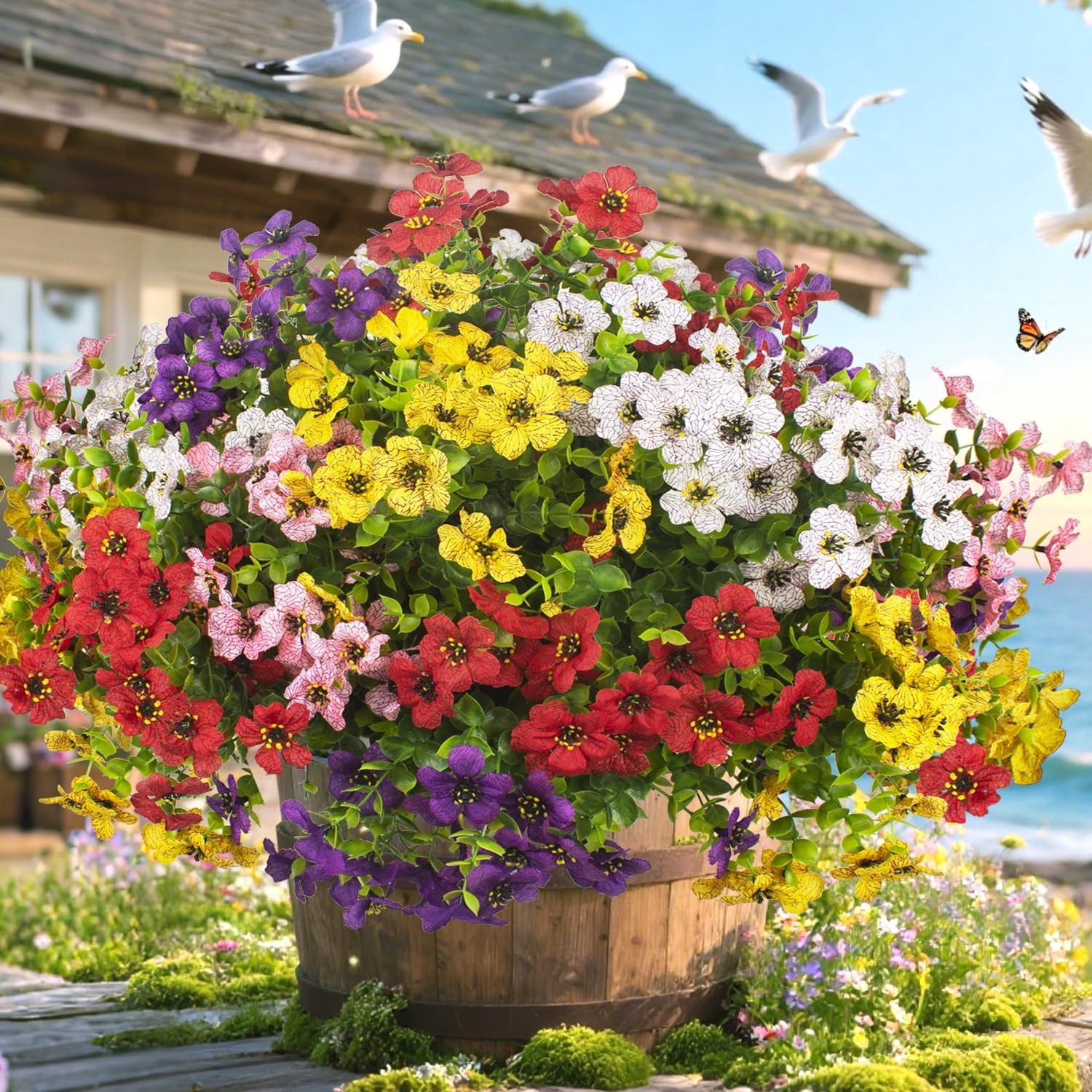 Grunyia 20 Bundles Artificial Flowers for Outdoors, UV Resistant Fake Plants Flo