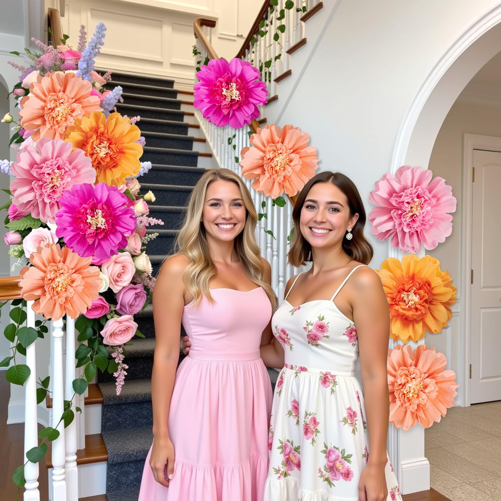 12 PCS 12 Inch Pink Orange Tissue Crepe Paper Flowers Wall Backdrop Party Decor