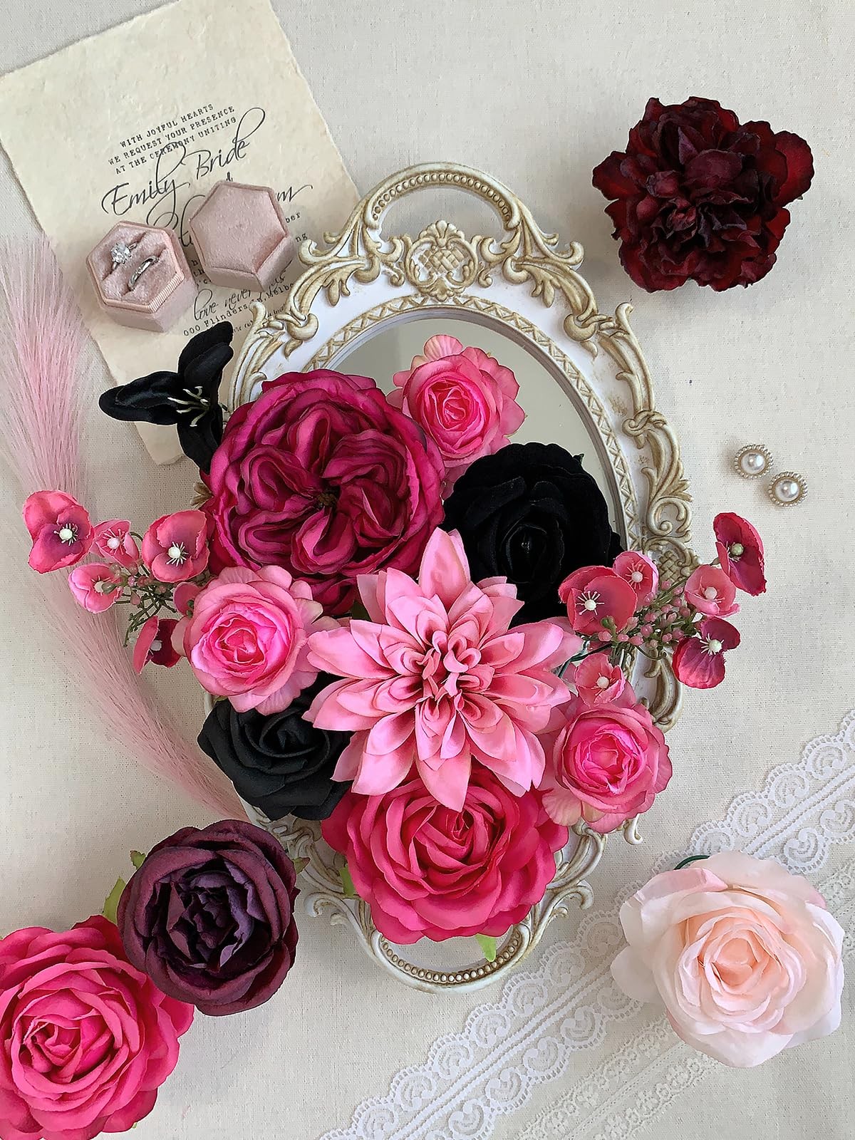Fuchsia, Black Artificial Rose Flowers, Fake Bouquet, Silk Floral, Home Decor