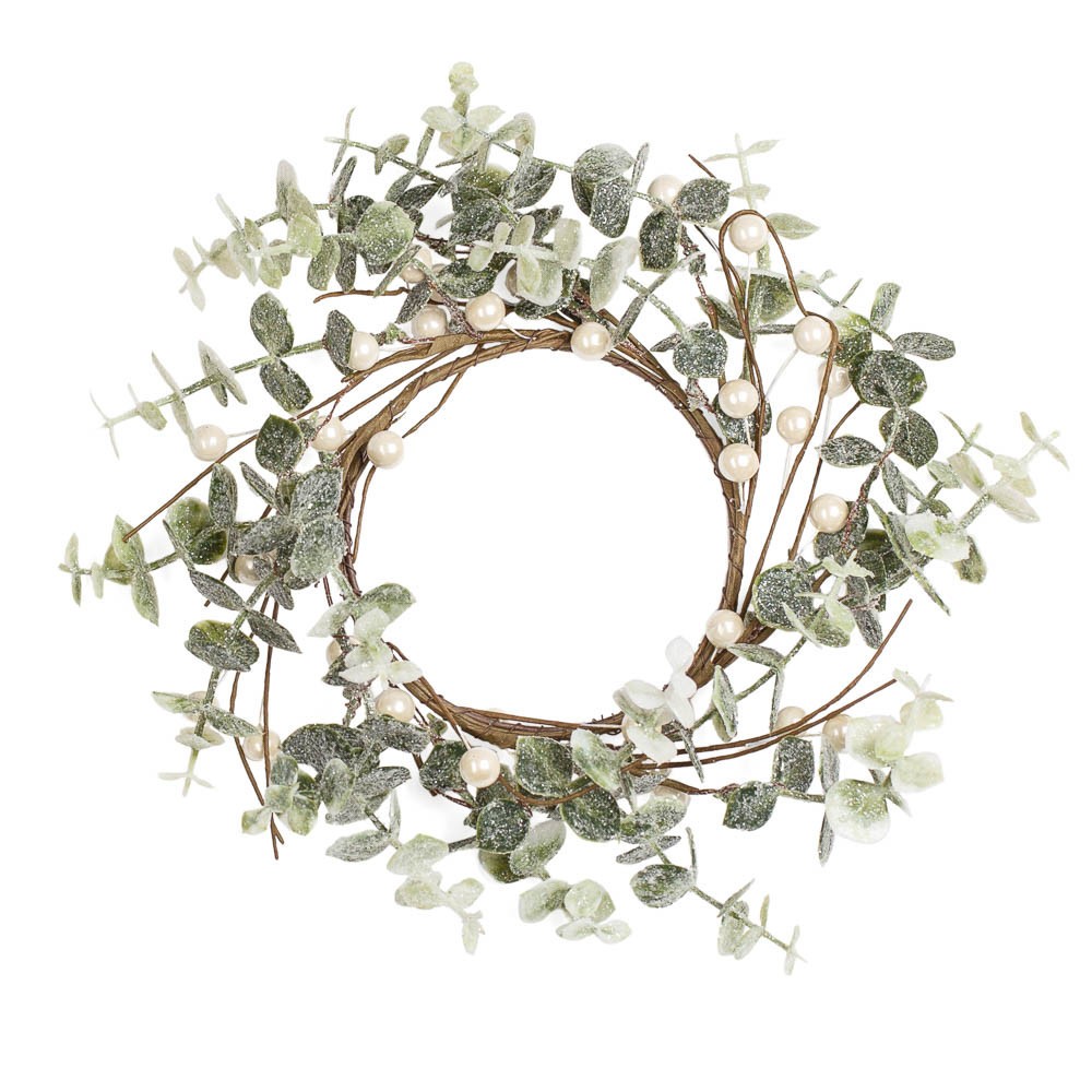 Set of 2 Glittered Artificial Eucalyptus and Pearl Berry 9-1/2″ Rings