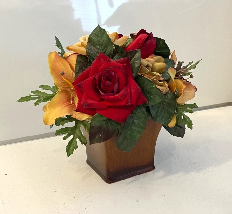 Red & Yellow Faux Flower Roses Centerpiece Beige Mahoga Brown Neutral Home Decor