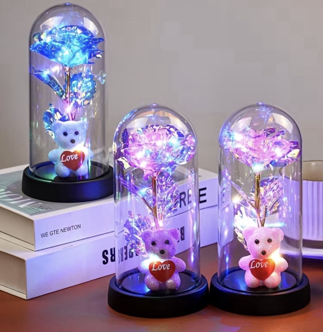 LED Light Rose Flower Gift Decoration with Bear Decoration Artificial Rose