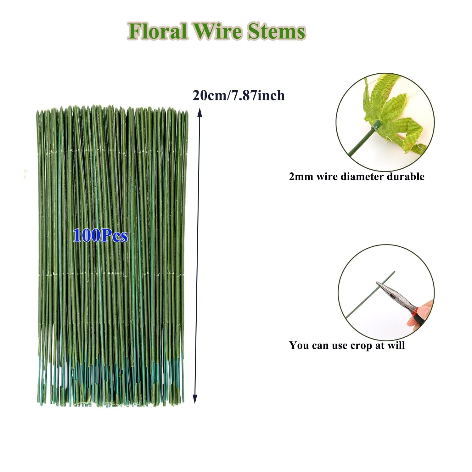 100Pcs Plastic Floral Stems Wire, Artificial Flower Rod, Green Crafts Wire Wreat