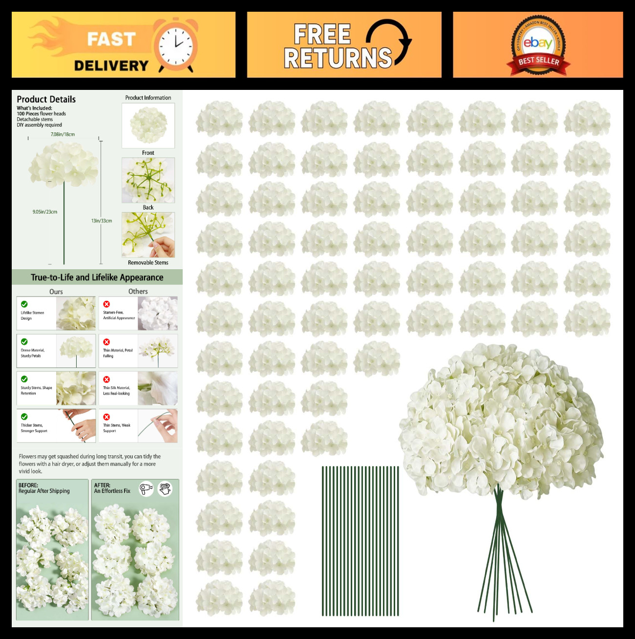 100 PCS White Faux Hydrangea Flowers – Silk Artificial Blooms for Wedding Decor