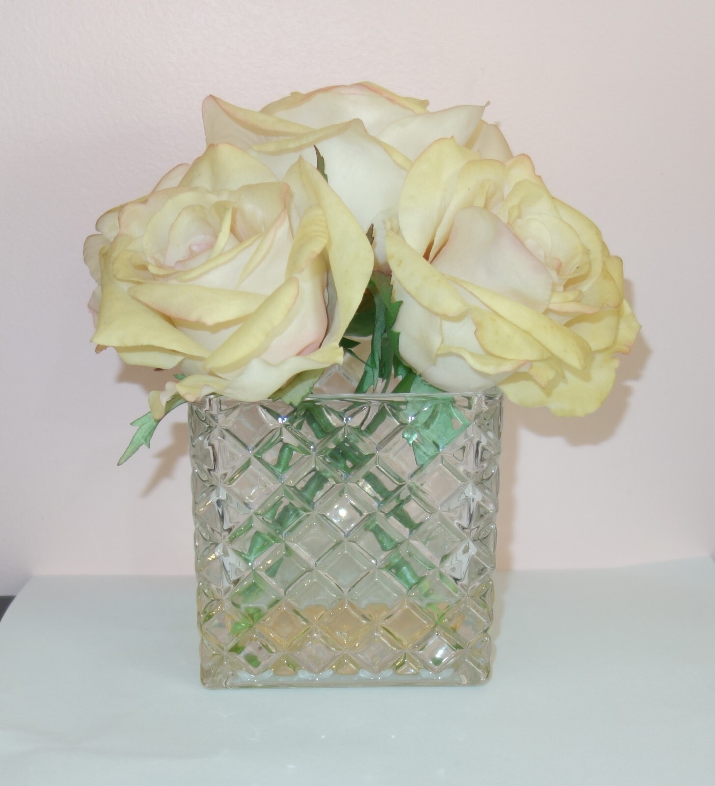 Silk Roses Flower Arrangement Centerpiece In Cube Glass Vase With Faux Water