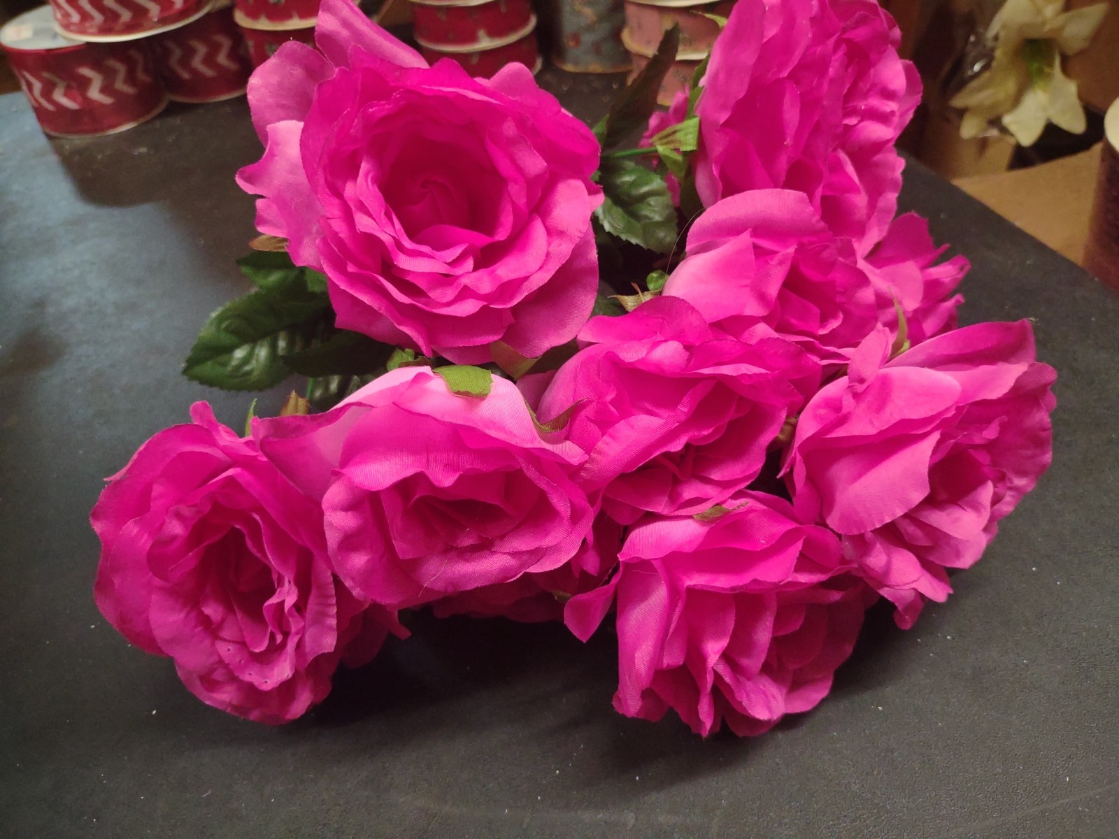 Big Mixed Pearl Rose Bush, Fuchsia Hot Pink Silk, 5″ Large Roses, 12 Stems