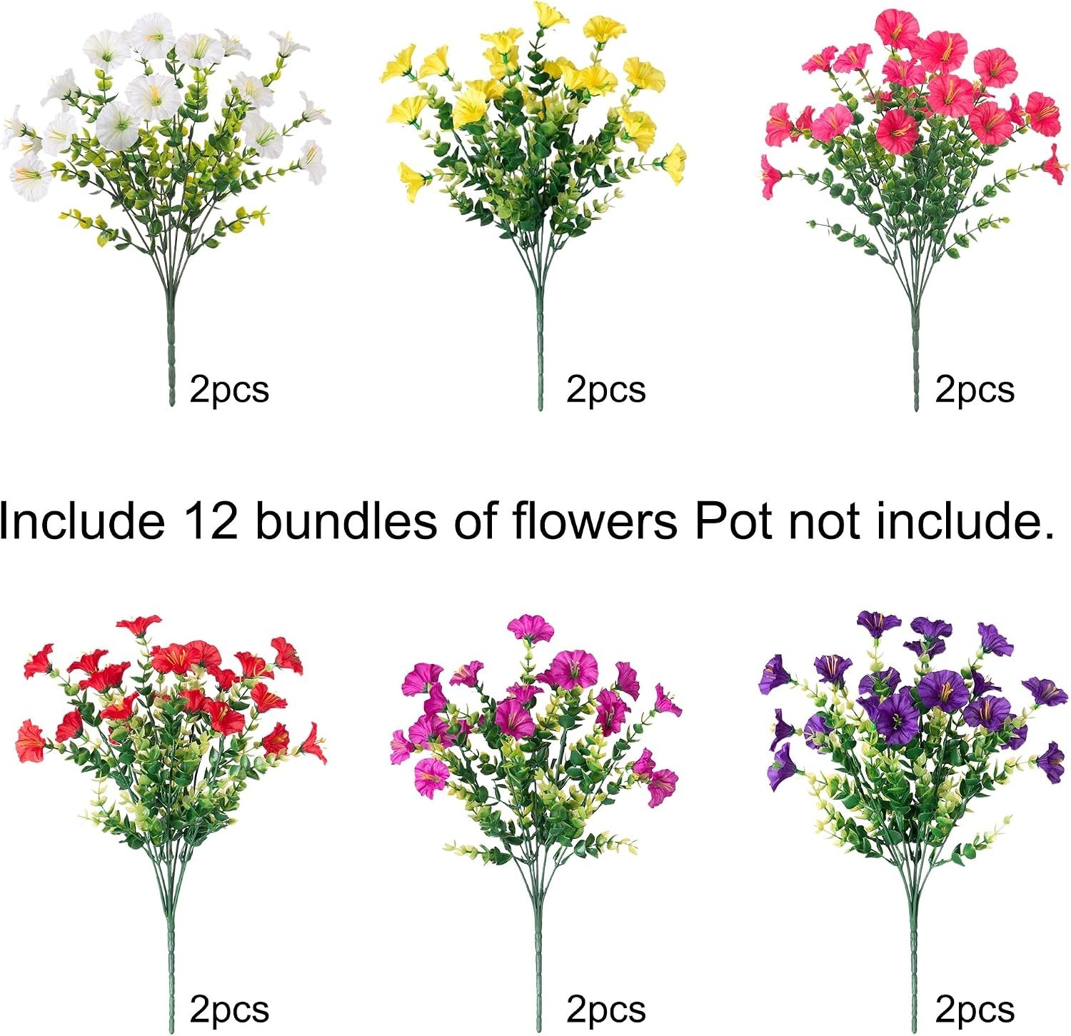 Indoor & Outdoor Morning Glory Artificial Flowers – 12 Bundles with Eucalyptus