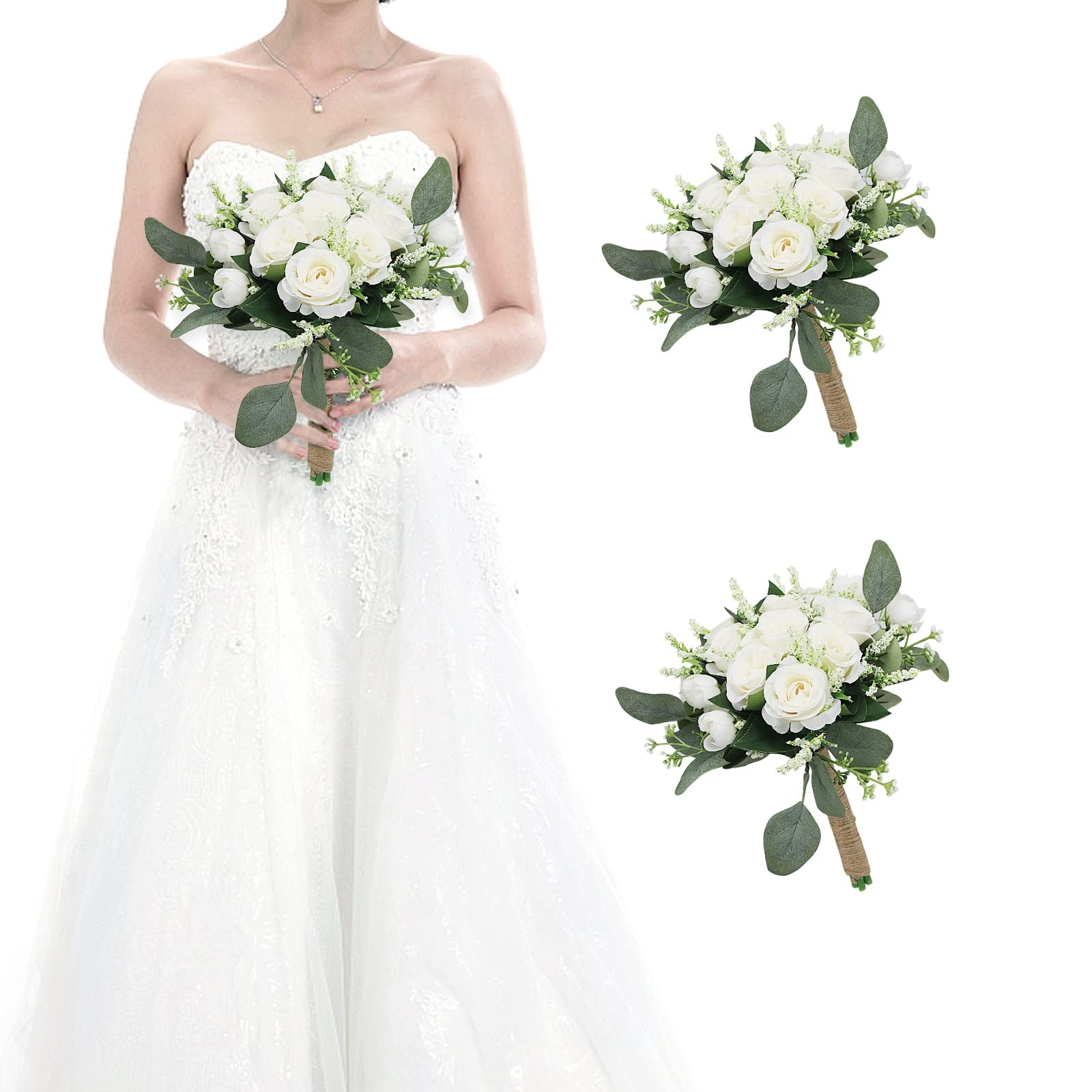 Set of 2 Bridesmaid Bouquets for Wedding – 7 Inch Artificial Ivory Flower Bou…