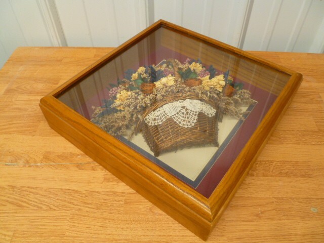 Vintage Hanging Wooden Shadow Box w/ Basket of Dried Flowers Signed Wall Art
