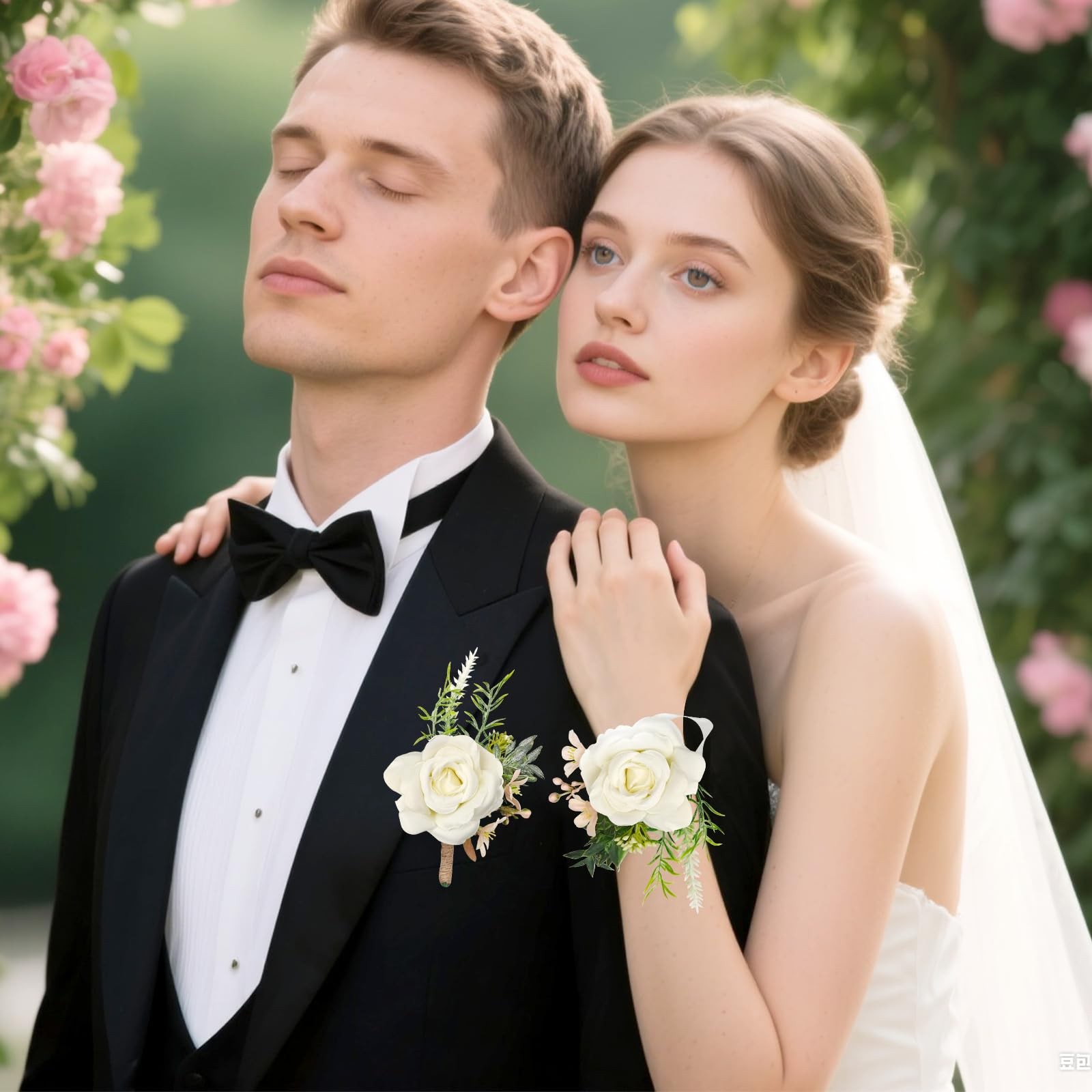 2 PCS Ivory Boutonniere Wrist Corsage Set Artificial Flower Pearl Band Prom