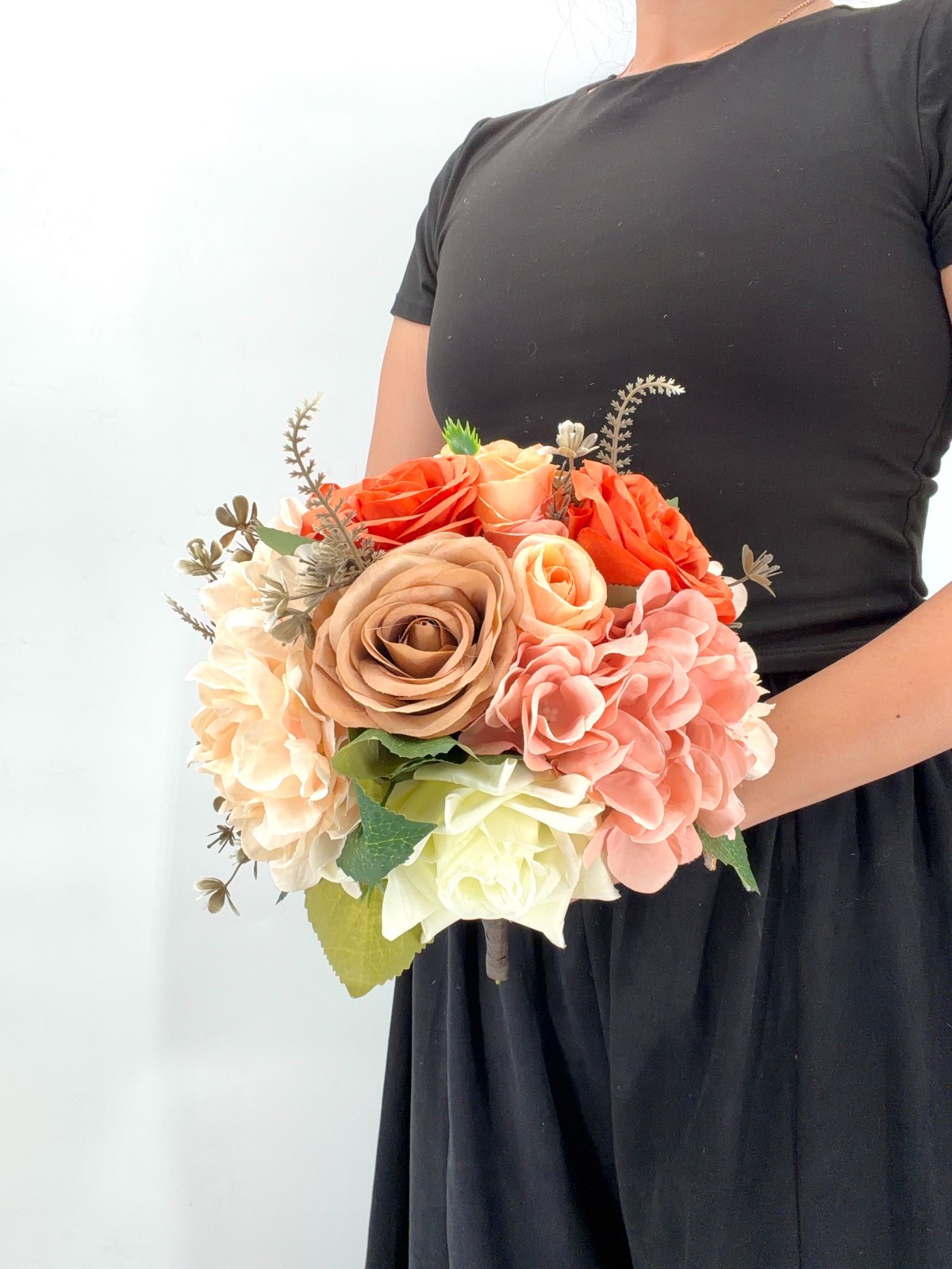 Coral & Peach Rose Bridal Bouquet, Silk Wedding Flowers, Burnt Orange, Wedding