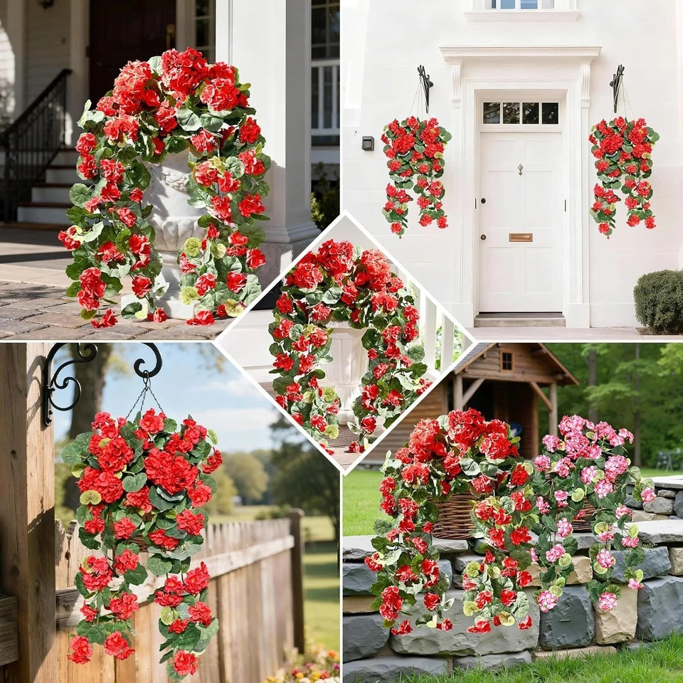 Artificial Fake Geraniums Flowers for Outdoors, 2Pcs UV Resistant Faux Hanging P
