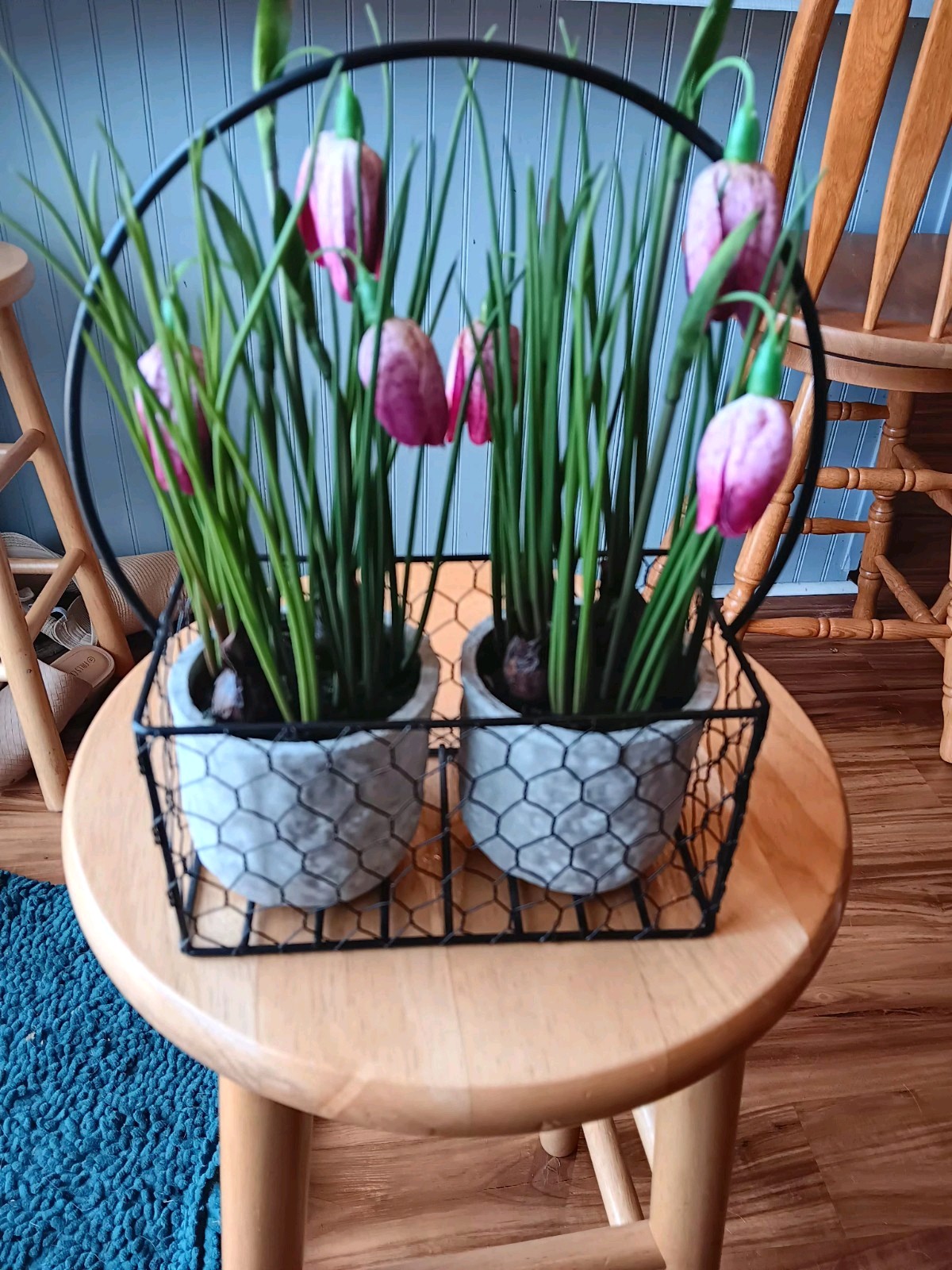 Decorative Wire Basket With 2 Faux Potted Flower Arrangments