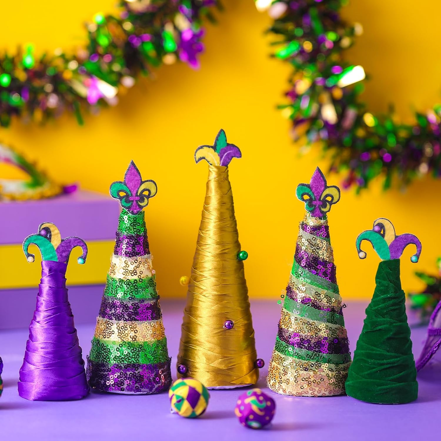 5 Pcs Mardi Gras Decorations Cone Tree Table Decor Yarn Wrapped Purple Green Gol