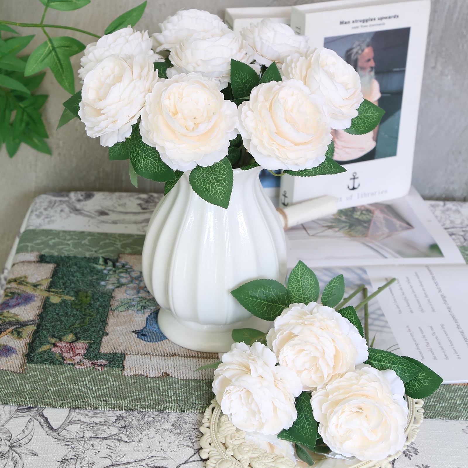 12 PCS White Peonies Artificial Flowers Silk Peonies 11 in Artificial Peonies…