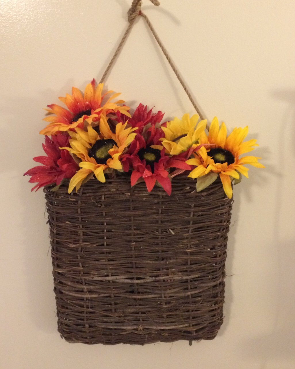 Large Rustic HANGING FLOWER BASKET Silk SUNFLOWERS – Holiday Door Seasonal Decor