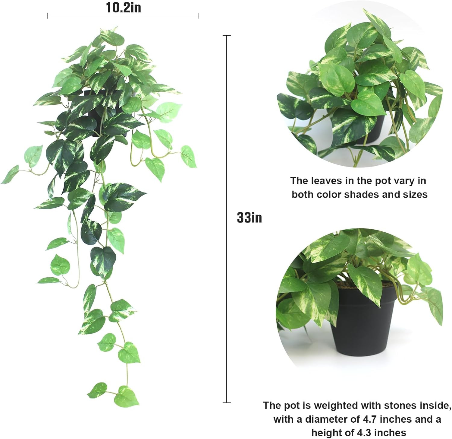 Fake Pothos Hanging Plants – 33″ Set of 2 Artificial Silk Ivy Vines with Pots, R