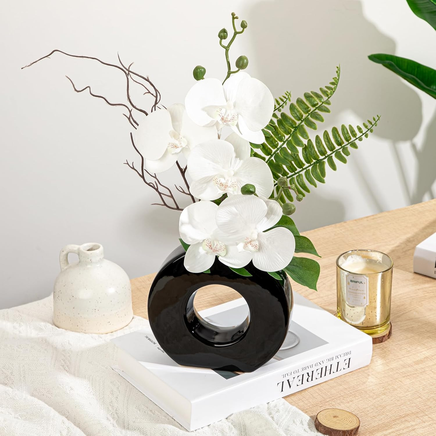 16.1” White Artificial Orchid in Black Pot – Modern Home Office Decor