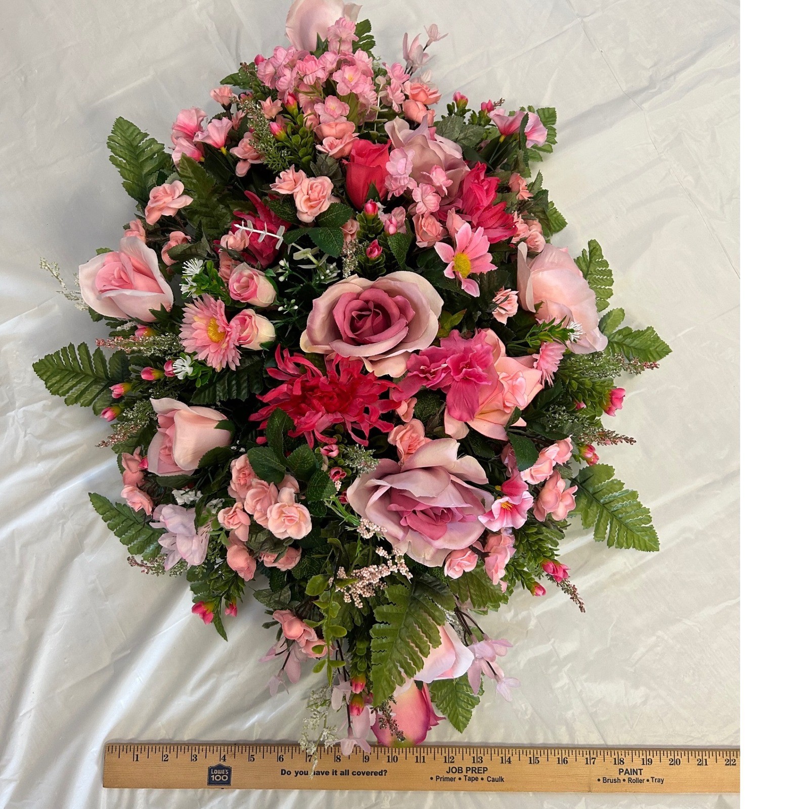 Pink Rose and Daisy Artificial Floral Cemetery Saddle Spray Arrangement 28in