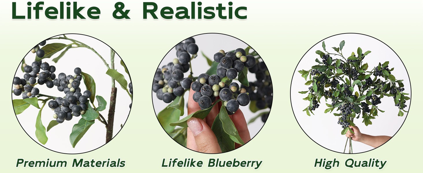 33″ Artificial Blueberry Stems for Vase – 8 Pcs Lifelike Faux Blueberries Fruit