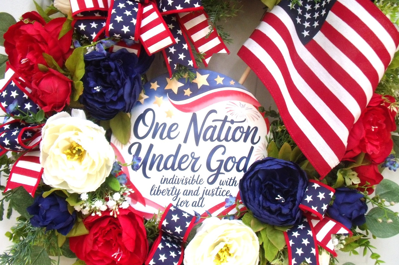 Patriotic Peony/Flag Wreath, Red/White/Blue, One Nation Under God