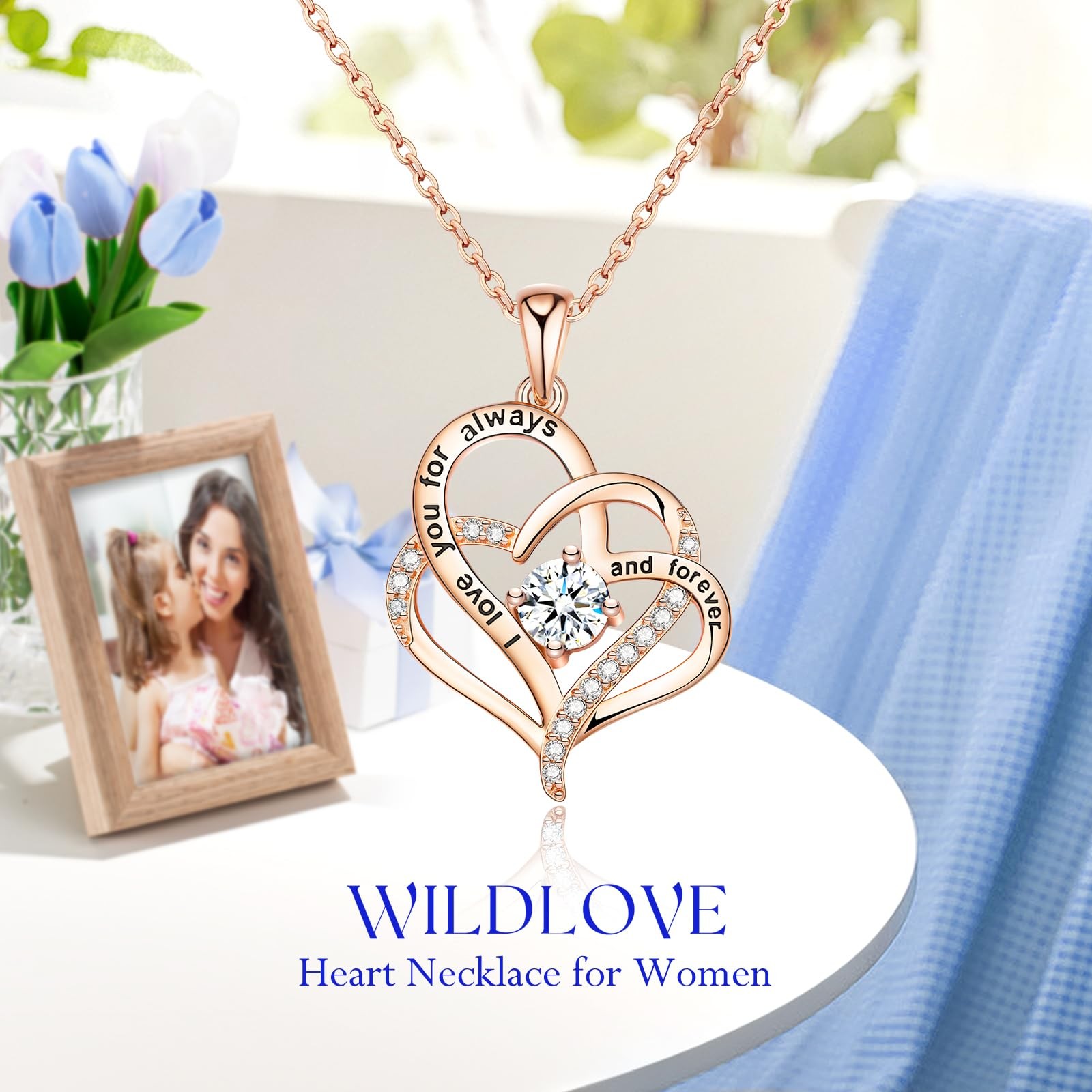 Forever Blue Rose with Heart Necklace, Preserved Flowers Gifts for Mom, Wife …
