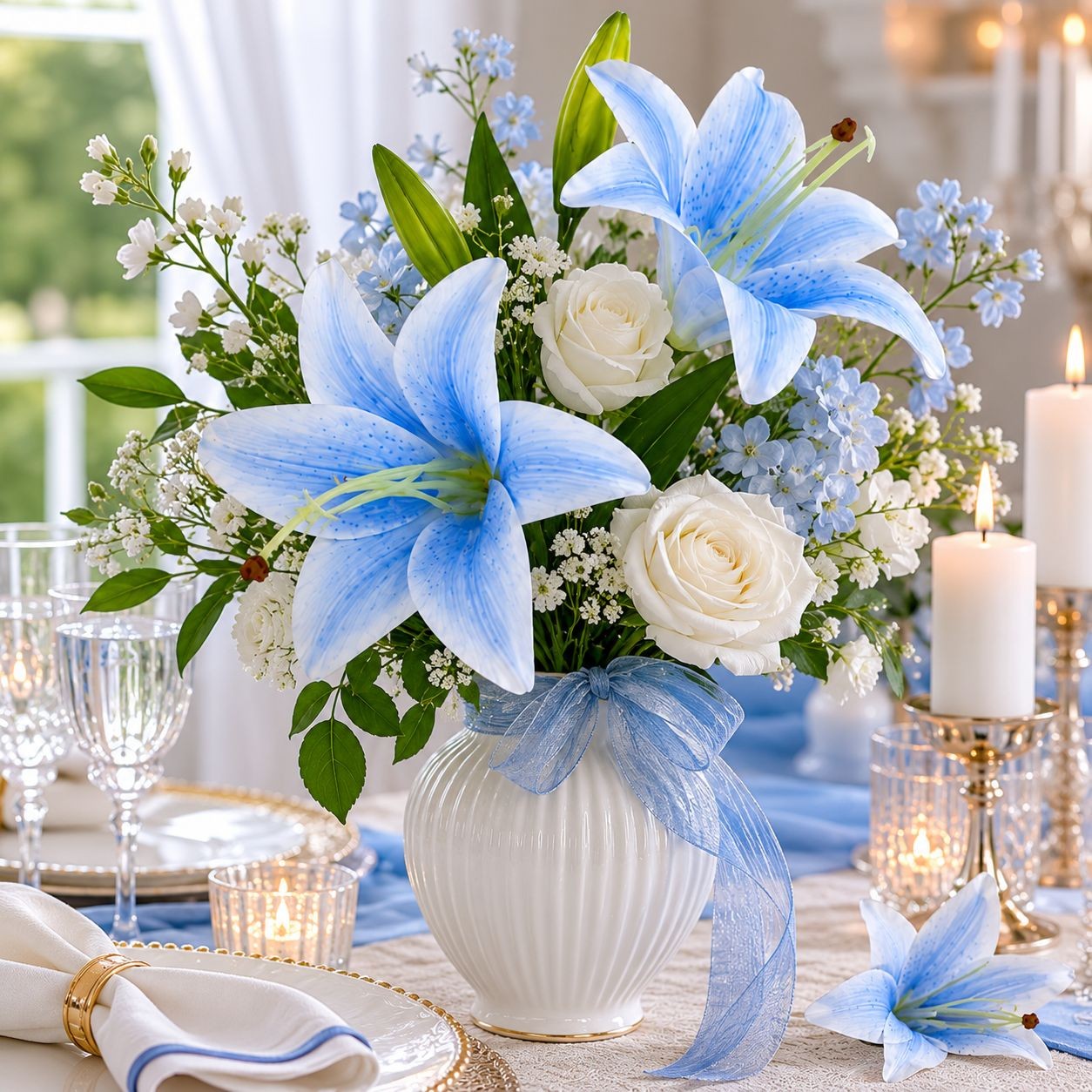 Blue Lily Stems, Real Touch Flowers, Artificial Lily Spray, Faux Blue Lilies, Co