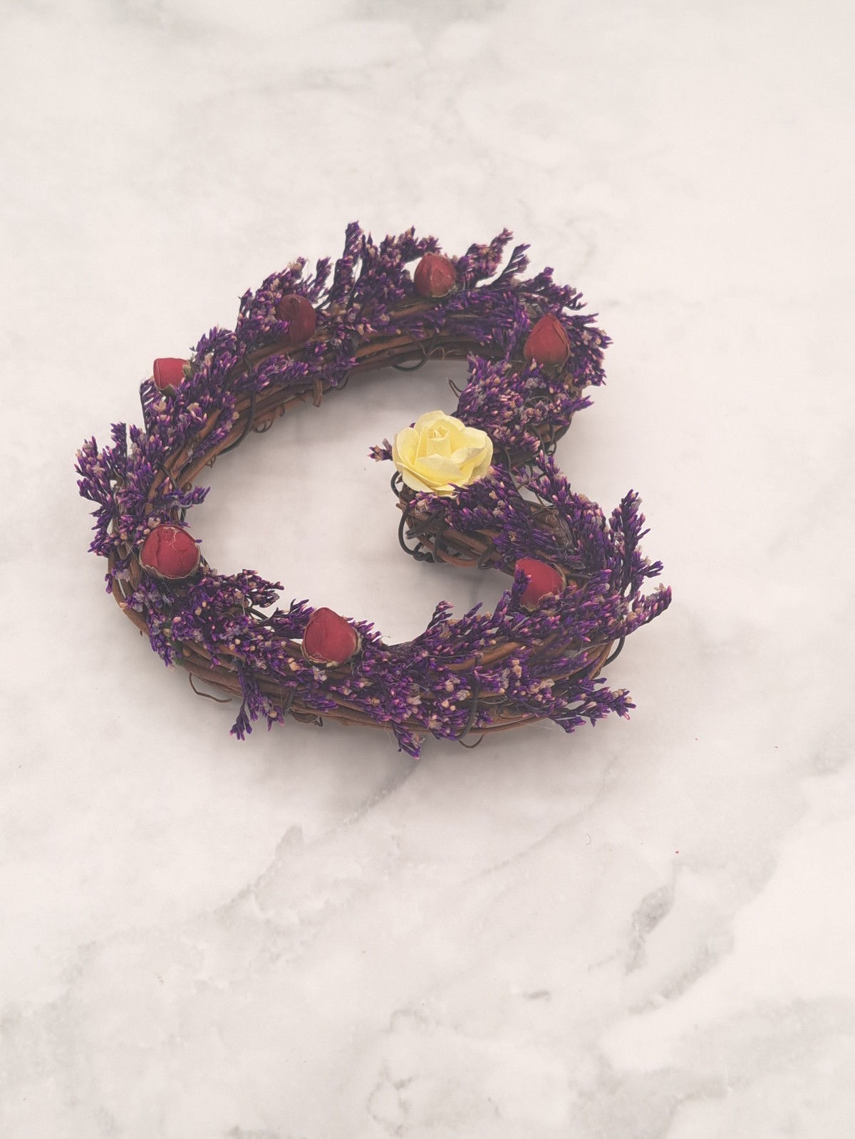 Handmade Grapevine Heart Dried Flower Arrangement – Purple Caspia & Mini Roses