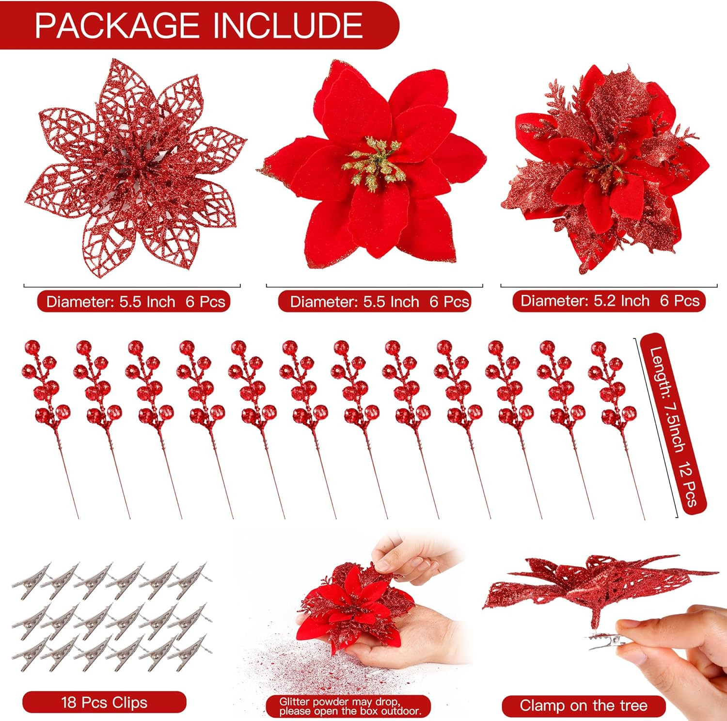 30 Pcs 3 Styles Christmas Glitter Poinsettia Flowers Artificial Berry Picks Chri