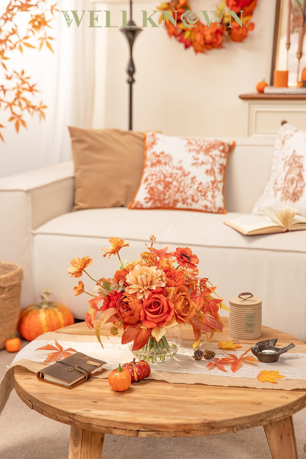 Silk Flower Bouquet in Vase – Orange Peony & Dahlia Centerpiece Decor
