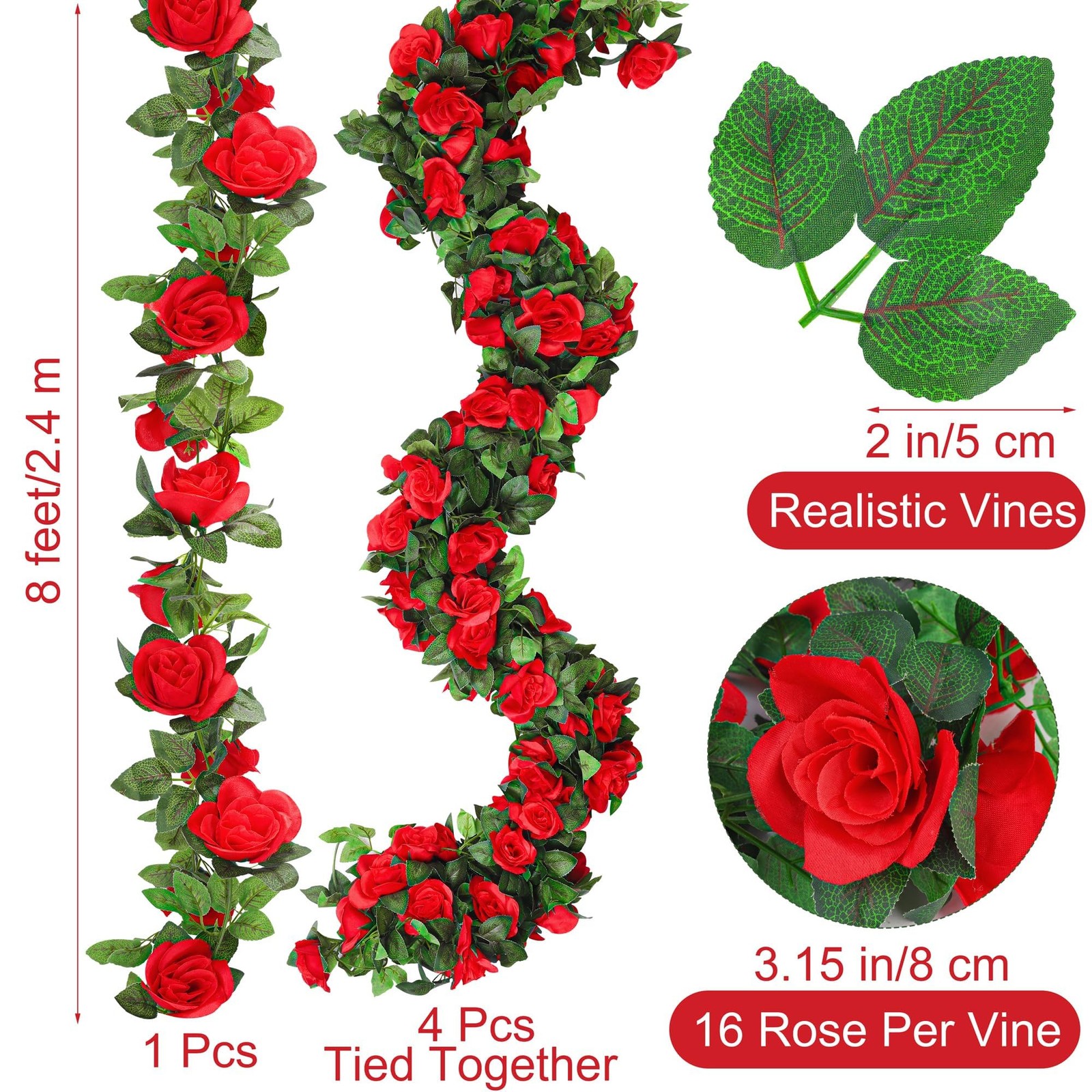 Aneco 4 Pack 32 FT Red Flower Garland Kentucky Artificial Rose Vines Derby Ro…