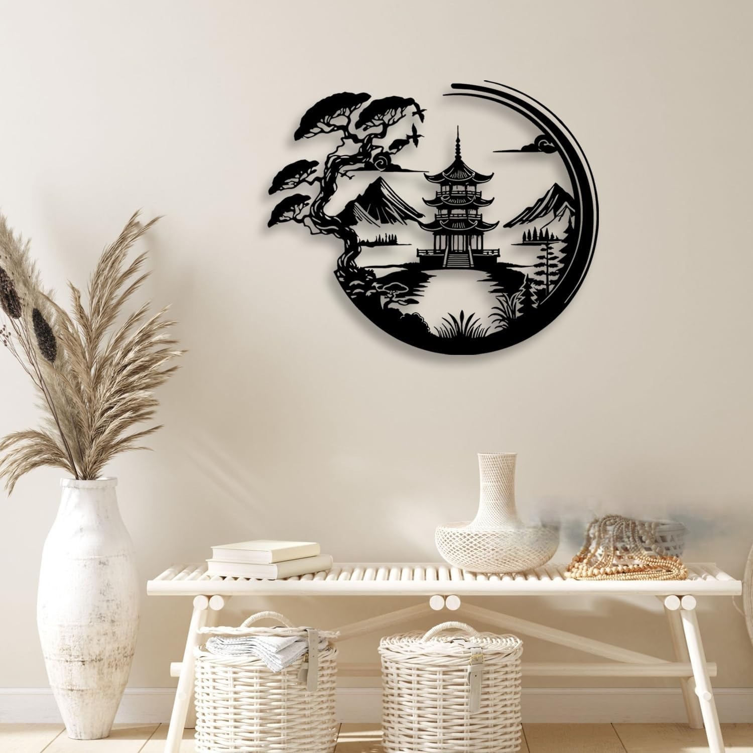 Bonsai Tree Torii Gate Metal Wall Decor – Japanese Style Room Decor Black Wal…