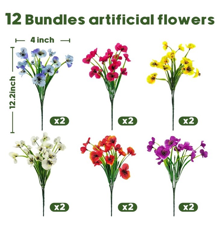 12 Bundle UV Protected Indoor/Outdoor Faux Pansies Silk Flower Decor