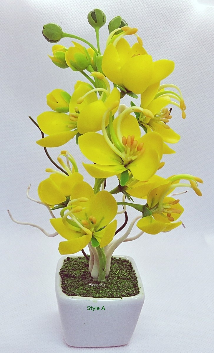 7″H Handcrafted Clay Cassia Fistula M-sized Yellow Flower Arranged in Pot US Stk