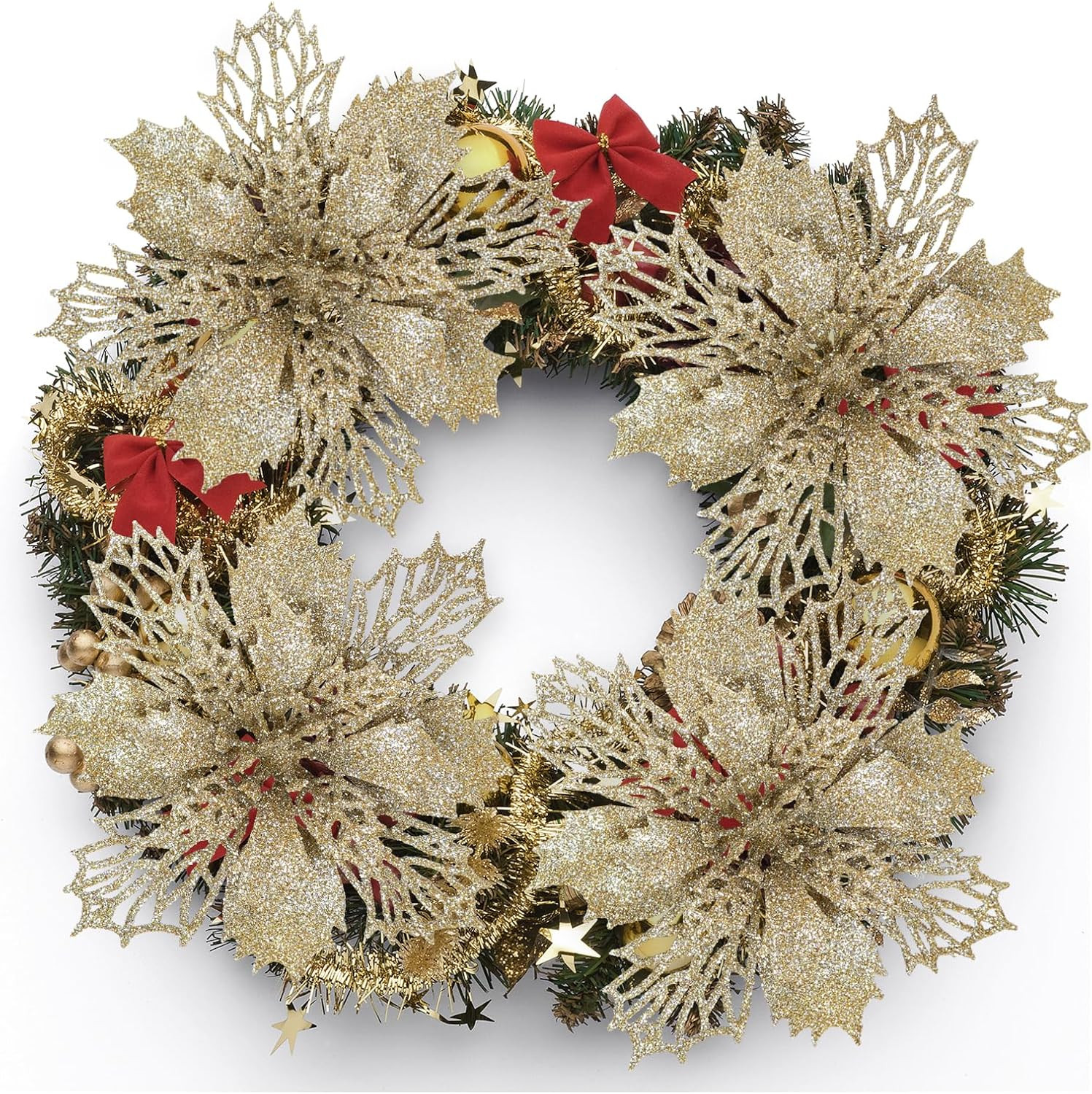 24 Pcs Champagne Glitter Poinsettia Picks 5.9” w/ Stems Tree Wreath Garland Xmas