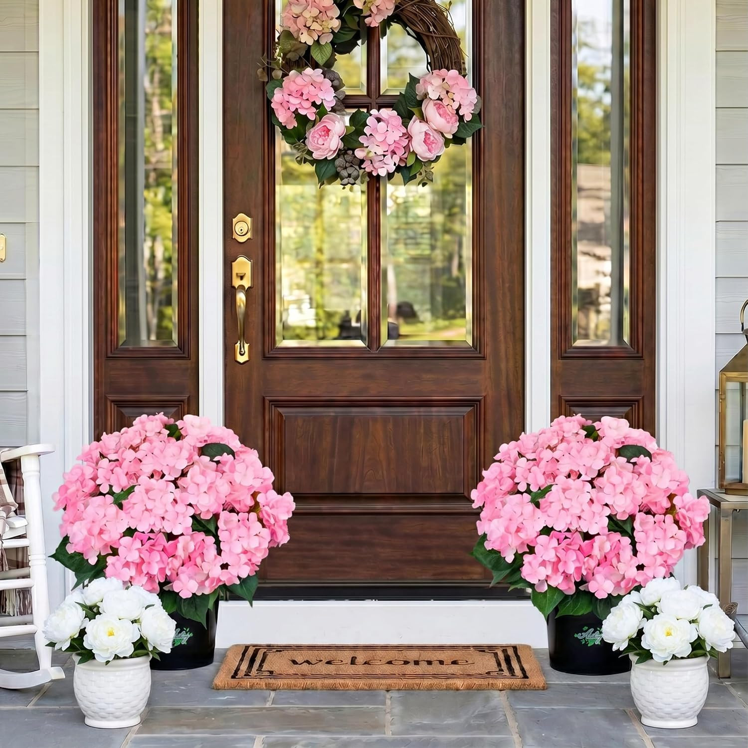 2 Potted Pink Hydrangea Artificial Flowers, Faux Hydrangea Outdoor | 22″ High &