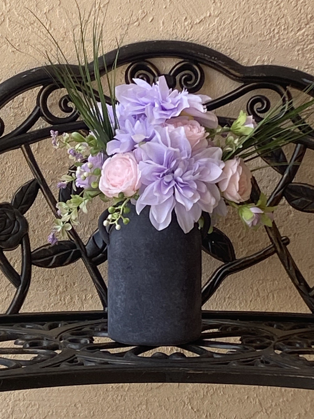 Summer Lavender Purple Dahlias & Blush Pink Peonies in a Jug Style Vase