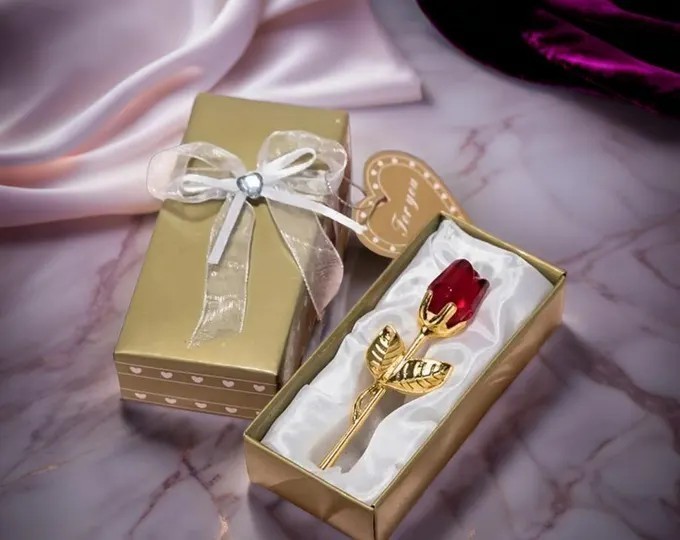 Eternal Red Rose Glass Flower, Gold Stem w/ Box -Anniversary, Valentine’s Gift