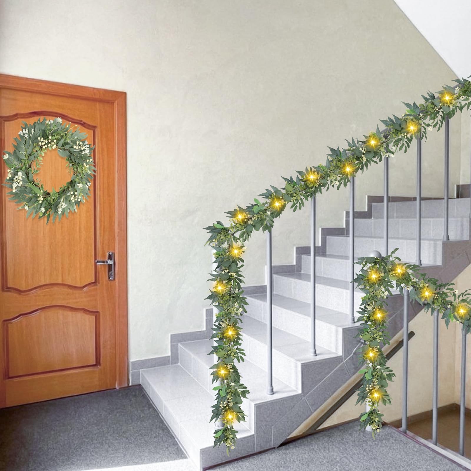 Eucalyptus Garland with Lights – 6 Ft Greenery Garland – Artificial Silver Do…