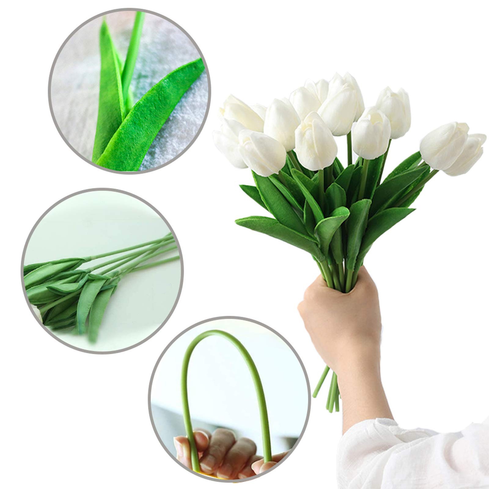 Artificial Flowers 30pcs 14″ Tall Faux Tulips, White PU Fake Tulips Flowers f…