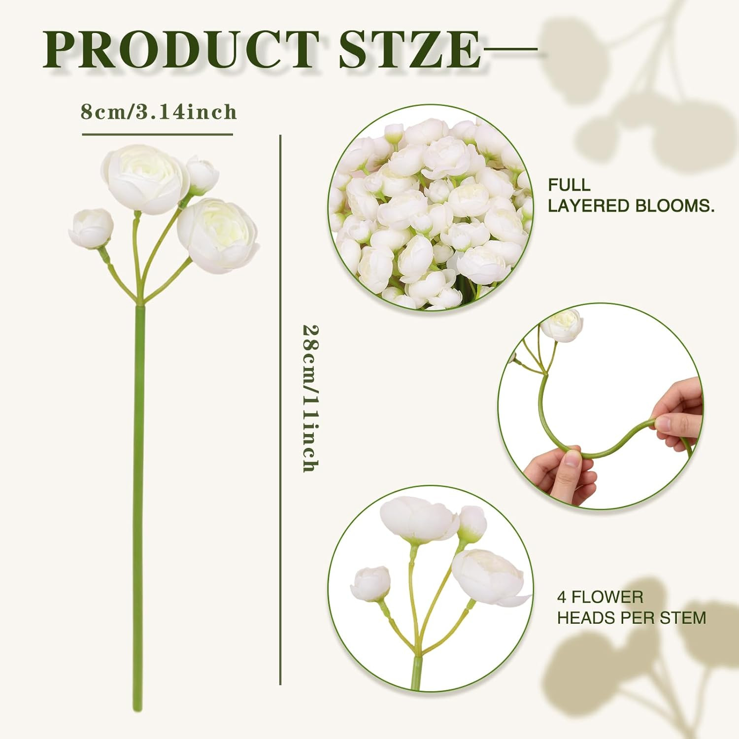 32Pcs Ranunculus Artificial Flowers, Ivory White Faux Silk Mini Peonies Bulk – F