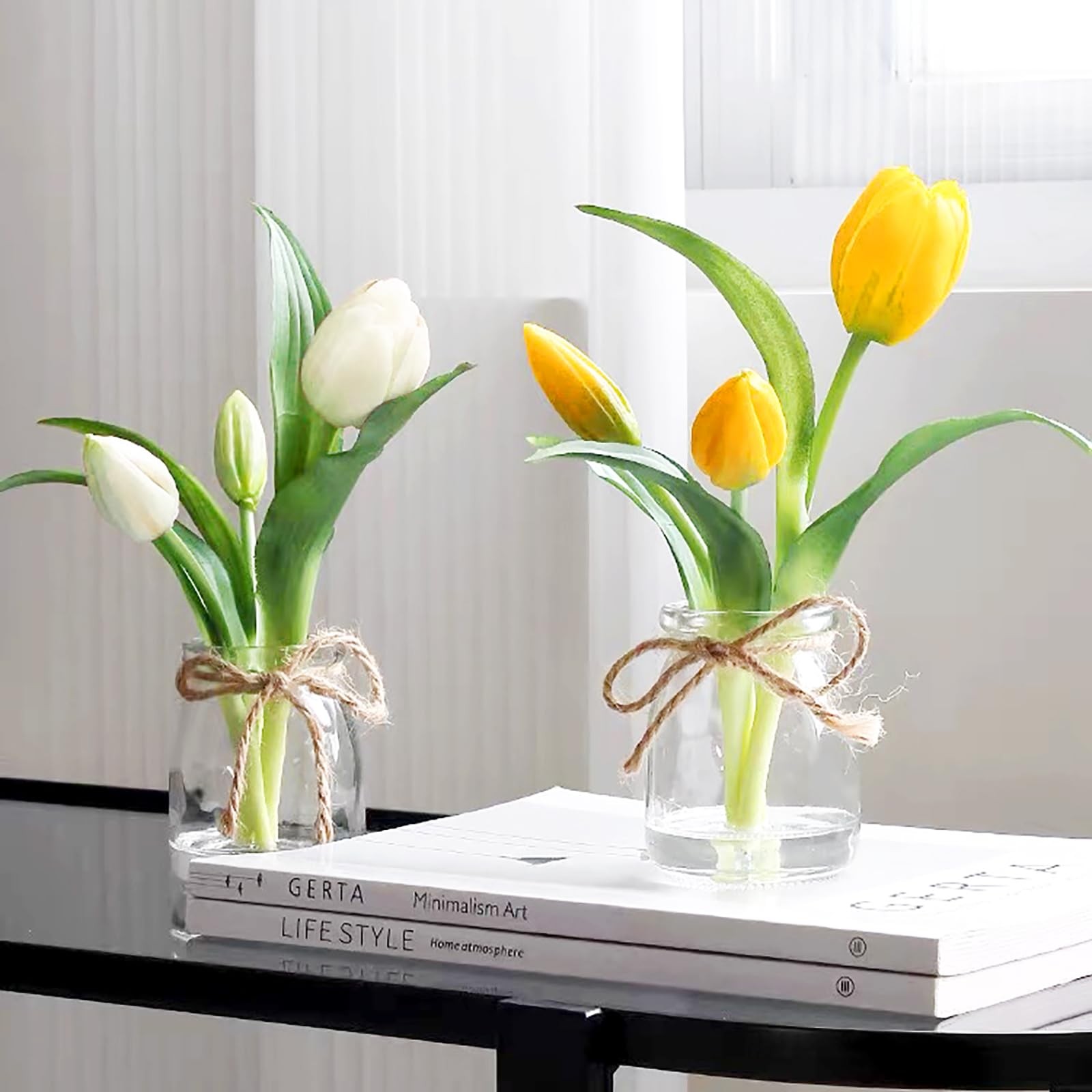 Tulips Artificial Flowers with Vase, Yellow Real Touch Tulips with Faux Water…