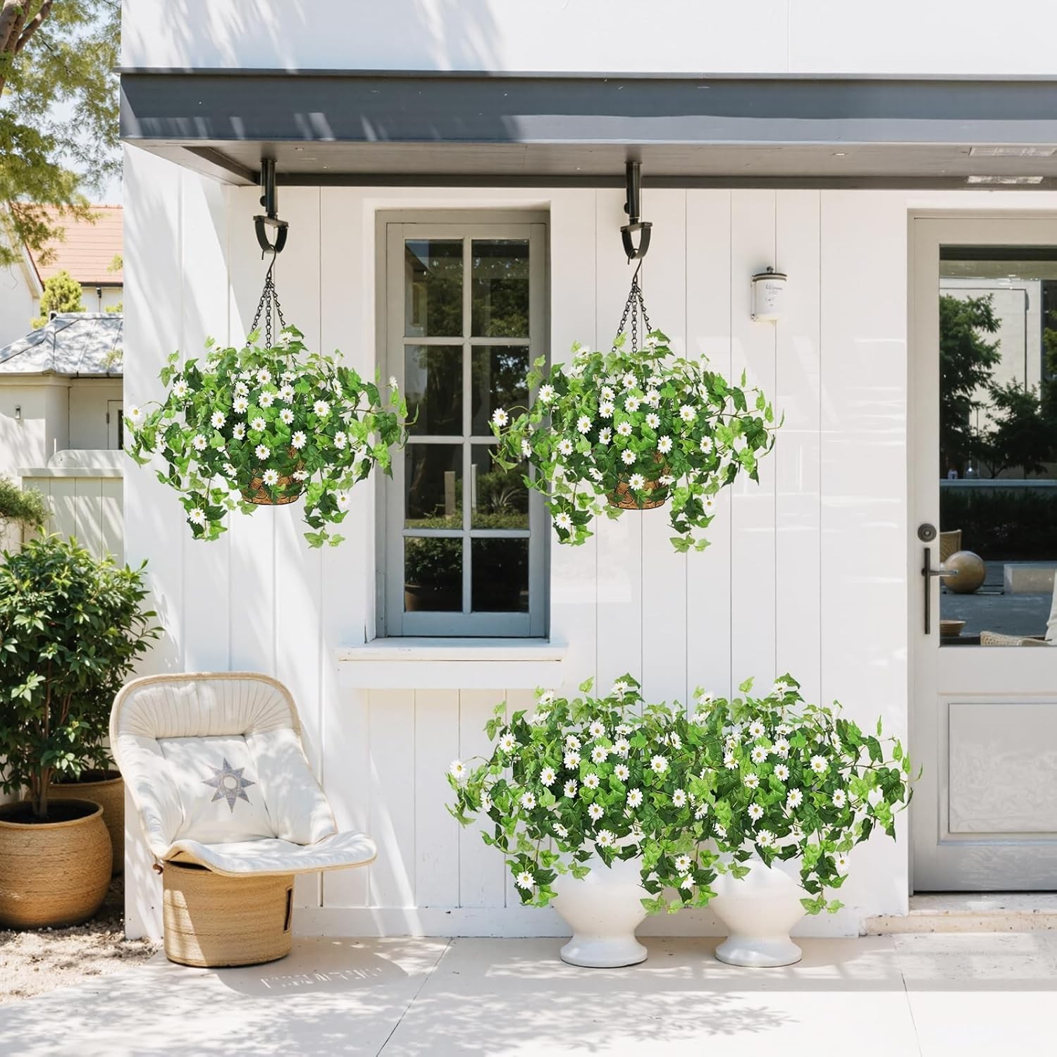 2 Pack Artificial Hanging Flowers with Baskets for Outdoors UV Resistant Fake…