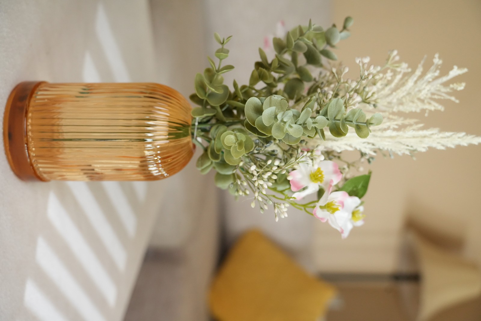 White Faux Floral Arrangement in Glass Vase 14.5 in H x 7.8 in W x 7.8 in D