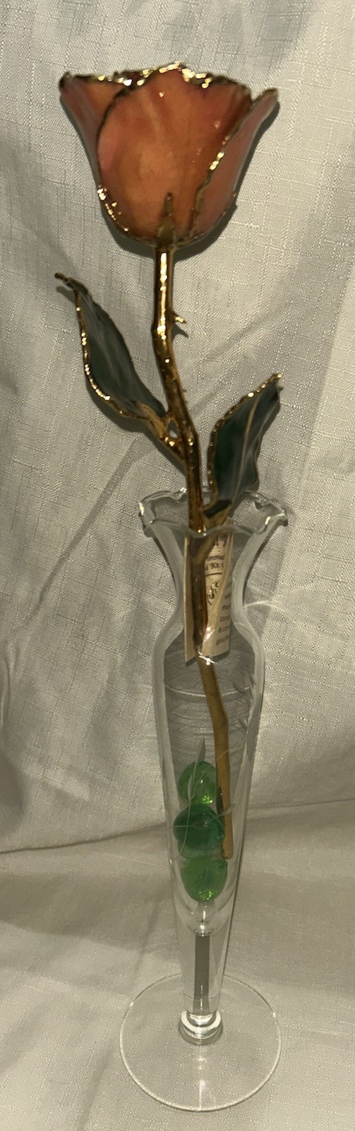 24K Gold Trimmed Real Peach Forever Rose Crystal Vase Green Glass Keepsake