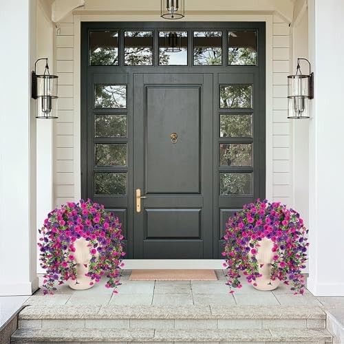 Artificial Hanging Petunias Flowers for Outdoor, 2pcs Dark Purple Light Purple