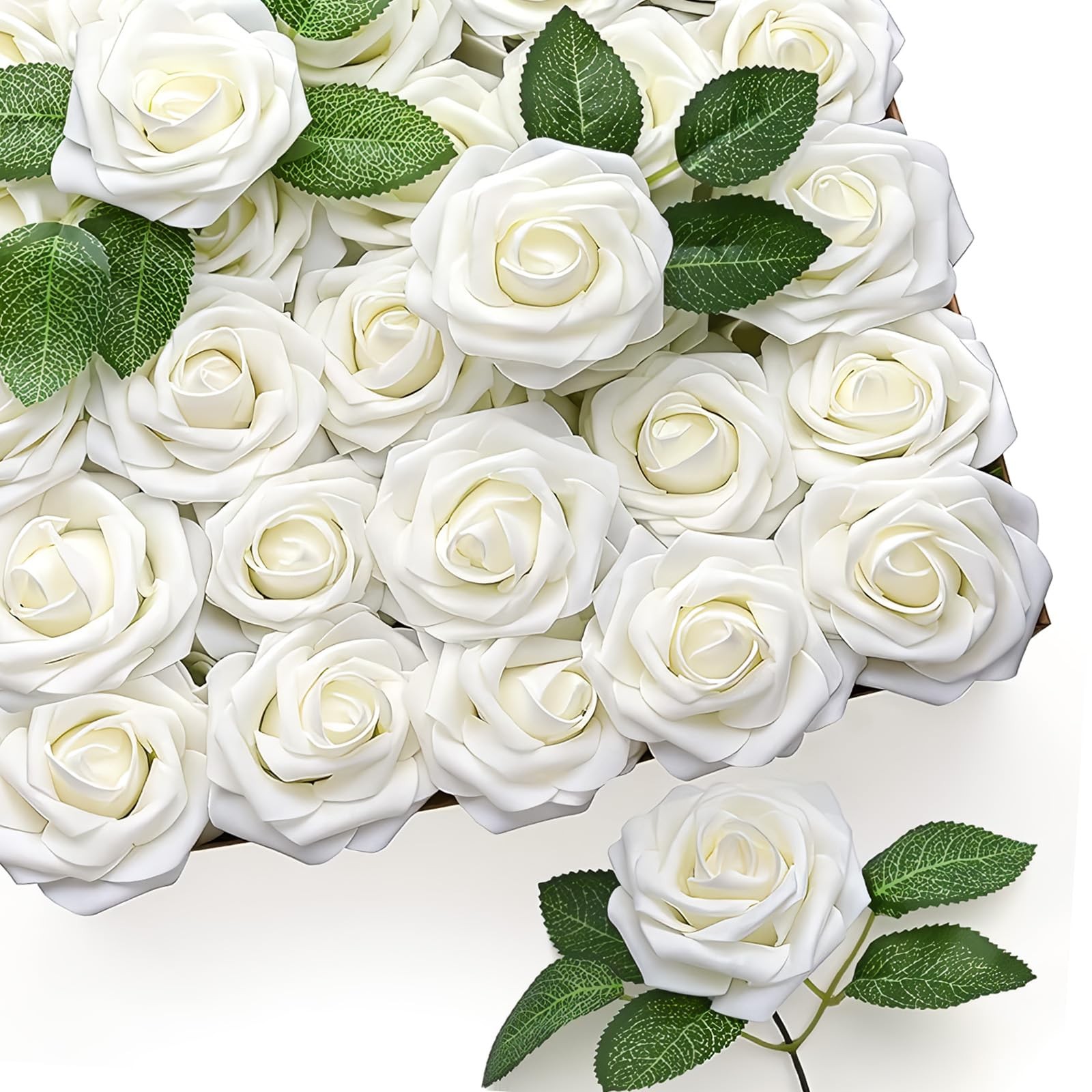 RCZ Décor Artificial Ivory Foam Roses with Stems & Leaves – Pack of 50, Perfect